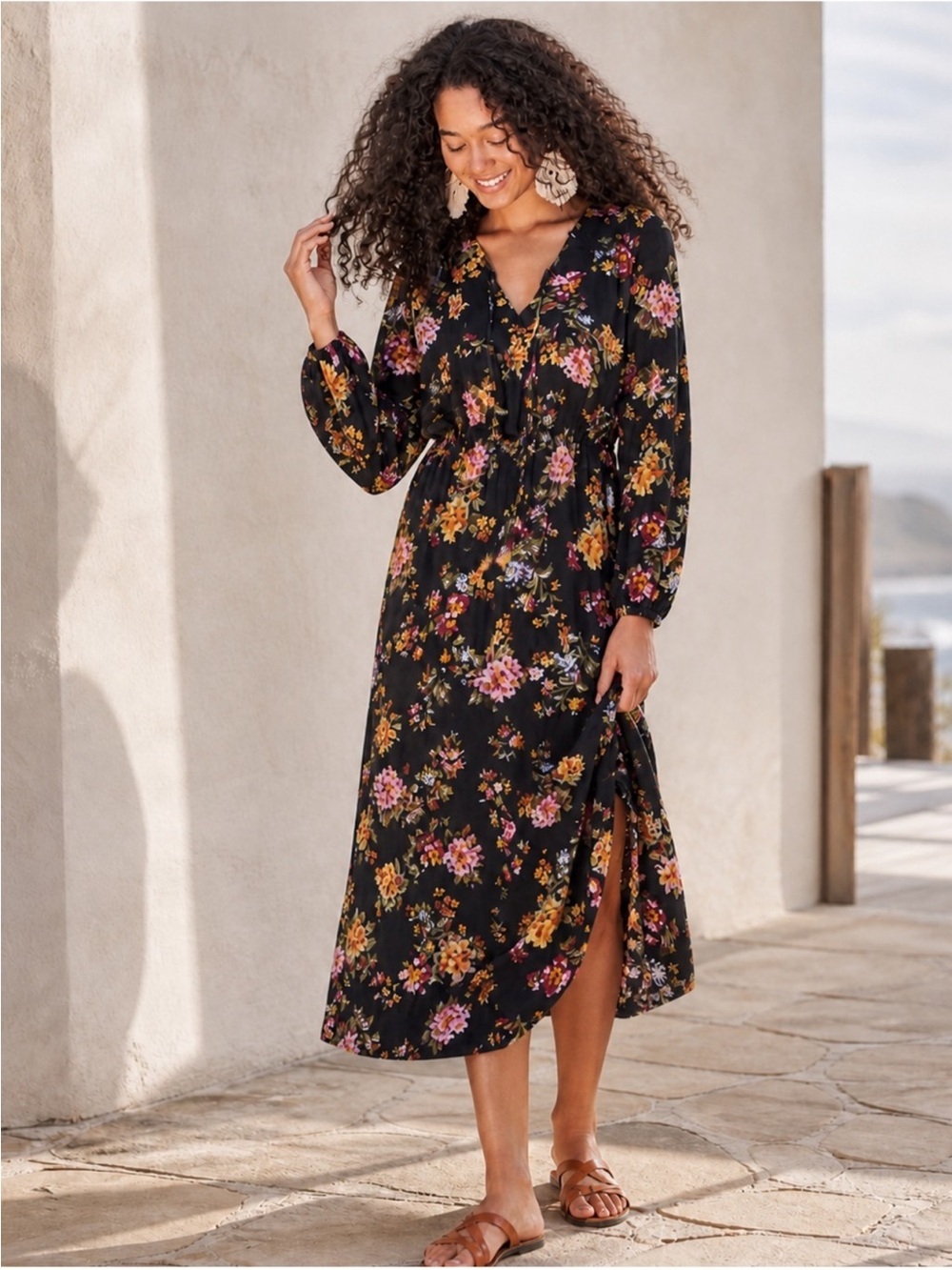 NWT Women’s Natural Life Rowan Floral Side Slit Midi Dress Black Size XS